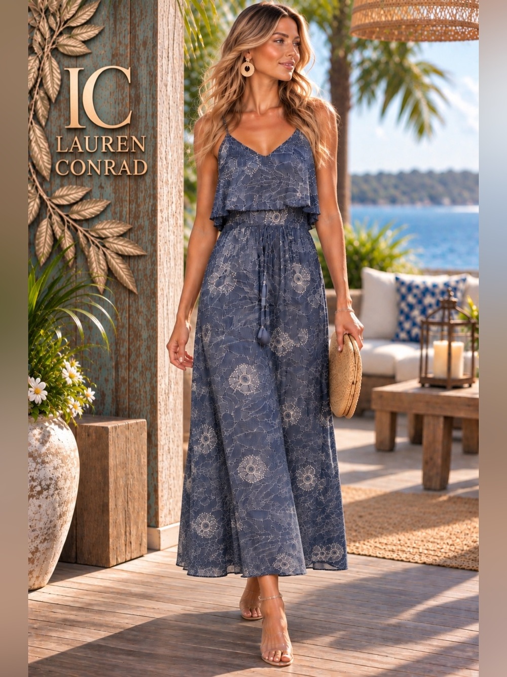 Lauren Conrad LC Blue Floral Ruffle Overlay Boho Resort Maxi Dress Size Large